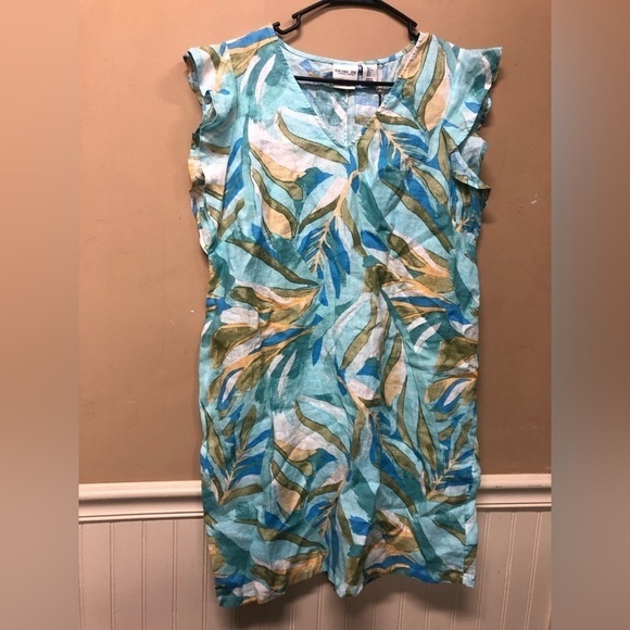 Rachel Zoe Bright Water Color Blue Linen Dress Cruise Wear Size L NWT - Picture 1 of 5